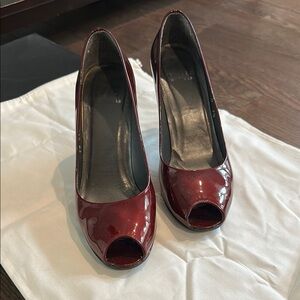 Stuart Weitzman Patent Burgundy Peep-Toe Heels
